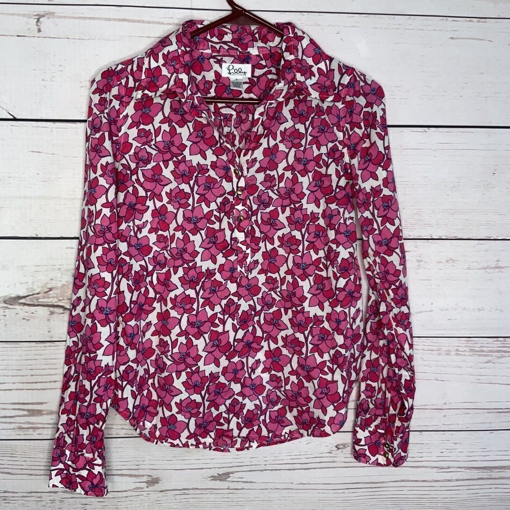 Lilly Pulitzer Womens Shirt Size 2 Pink Floral Blouse Long Sleeve Button Front - Picture 3 of 9